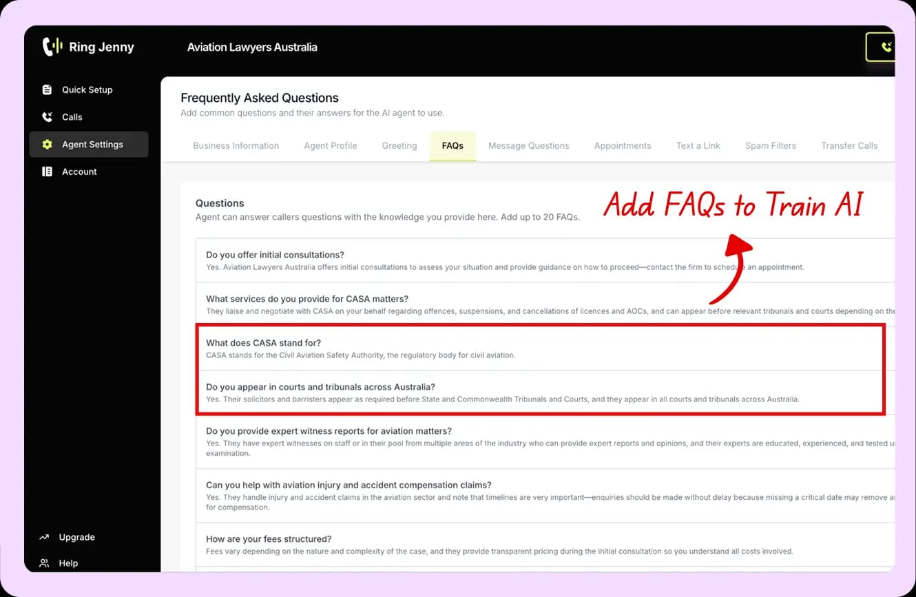 FAQ setup screen for the AI receptionist